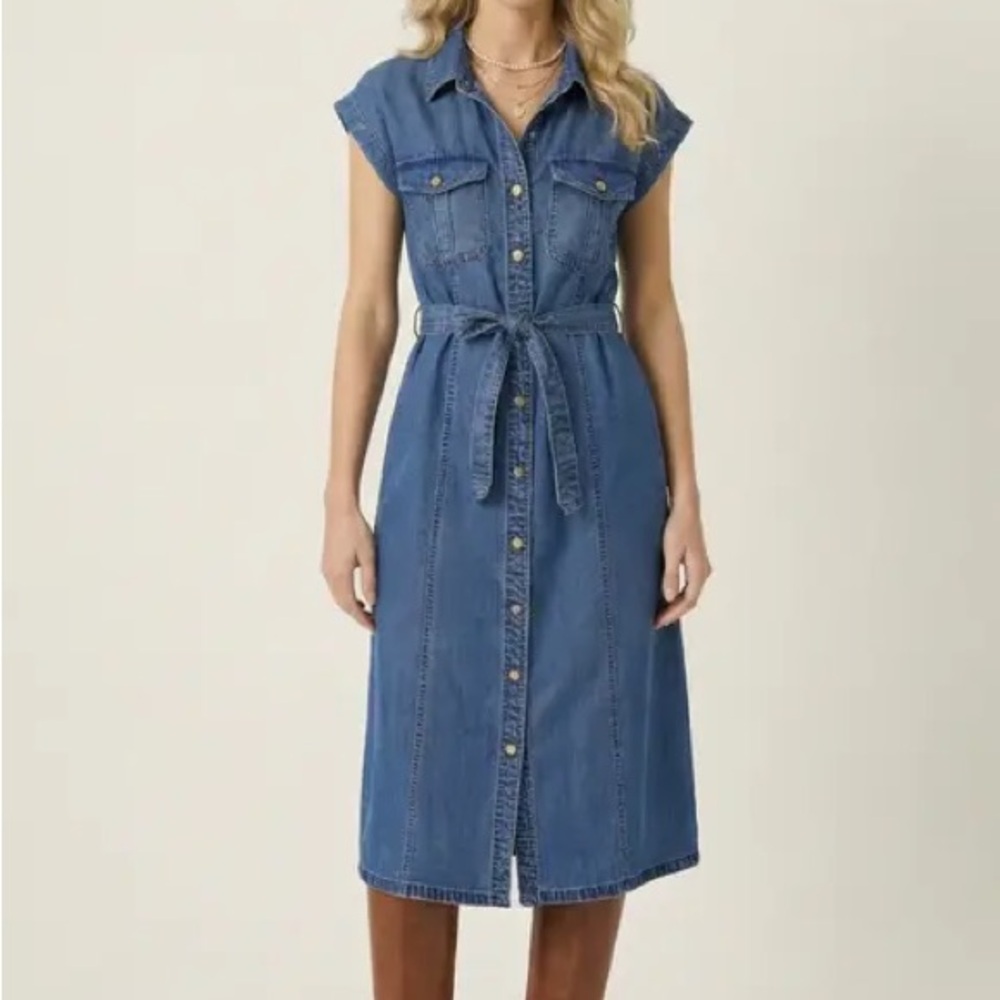 Caslon Denim Button-Front Dress with Tie Waist